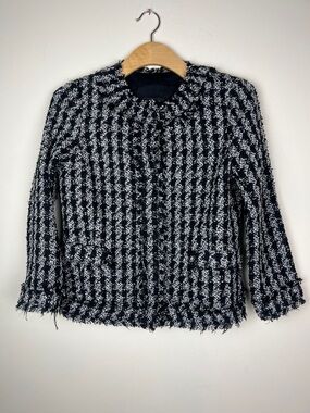 Ann Taylor Black and White Tweed Fringe Jacket With Pockets and Snaps